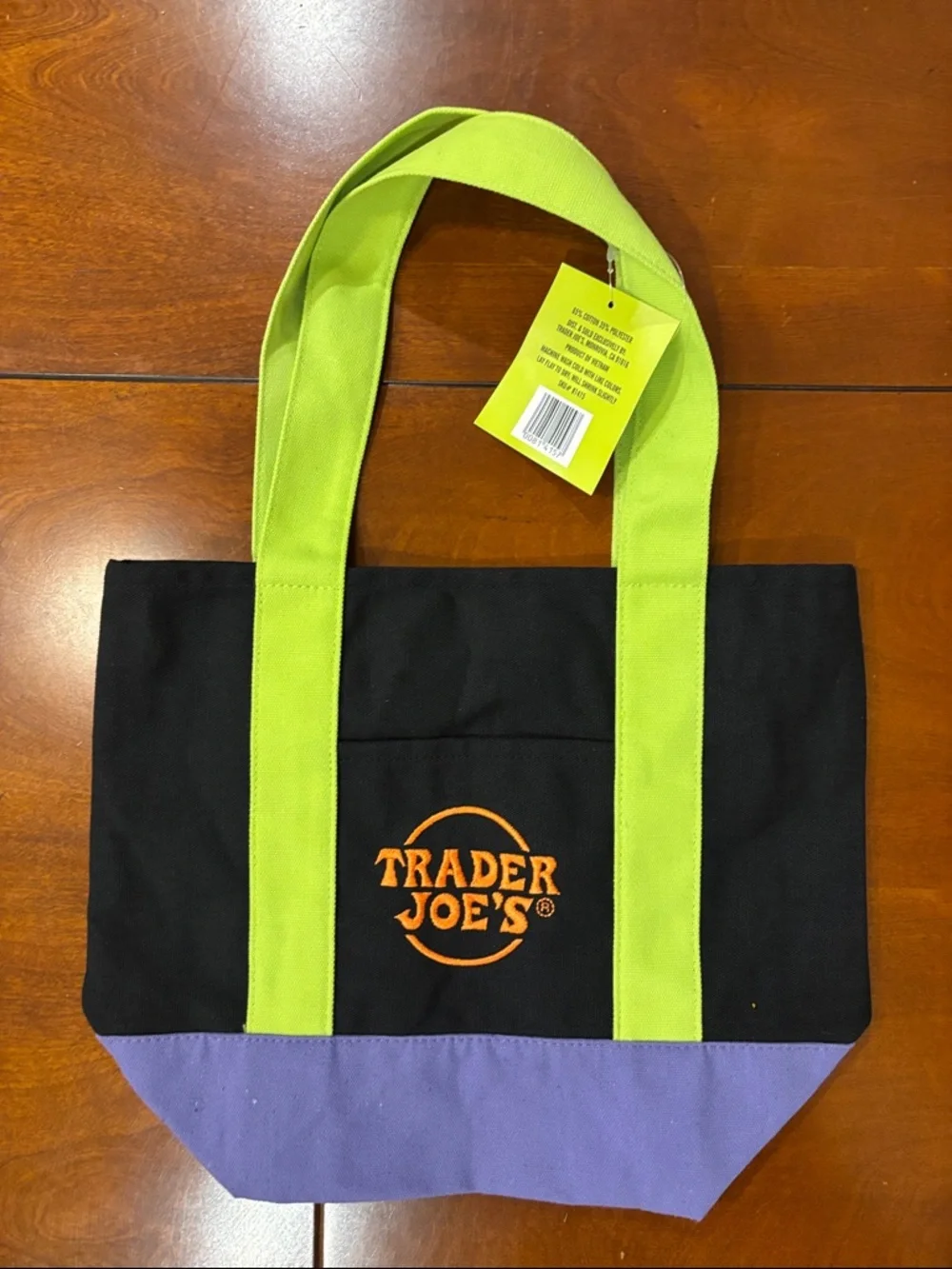 Trader Joe's Black Canvas Tote Bag with Lime‎ Handles and Purple Base